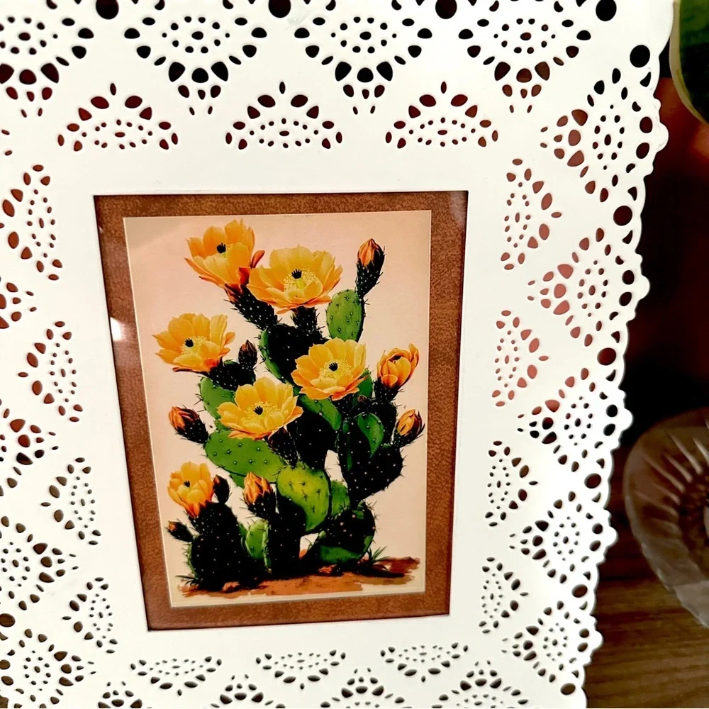 Prickly Pear Cactus Blooming Succulent Plant Delicate Lace Metal Framed Postcard
